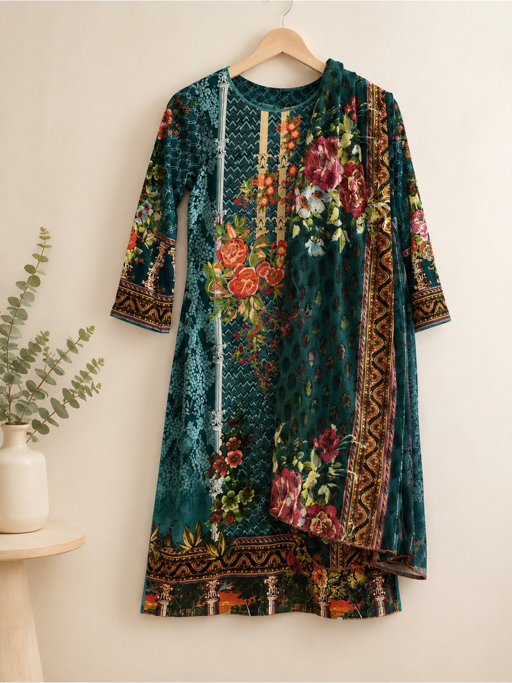Pakistani Teal Floral Printed Long Sleeve Women's Dress (3 pieces)